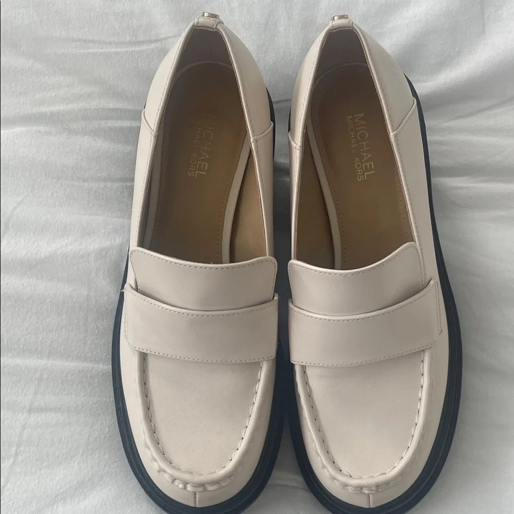 Michael Kors Cream Leather Platform Loafers with Black Soles